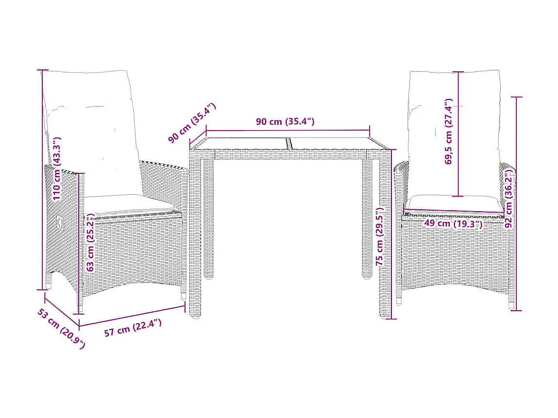 Ensemble de bistro 3 pcs et coussins noir résine tressée acacia