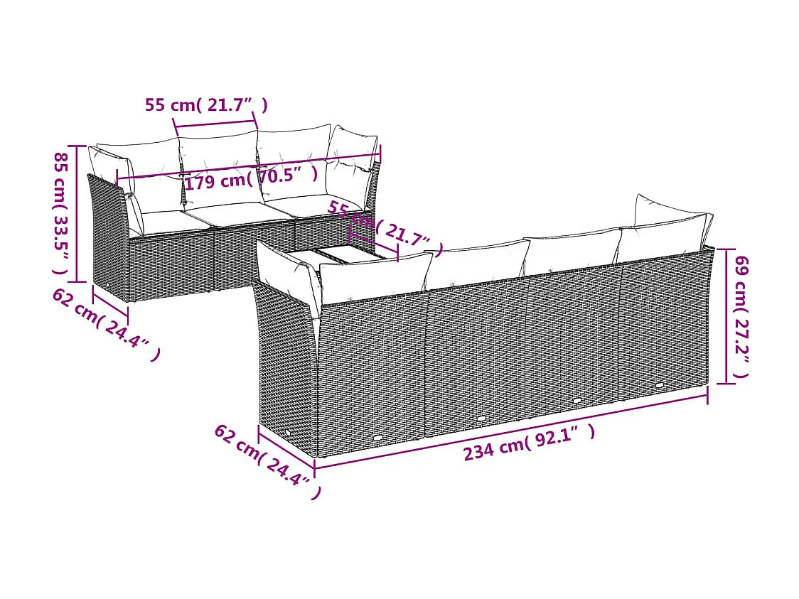 Salon de jardin 8 pcs avec coussins gris clair résine tressée