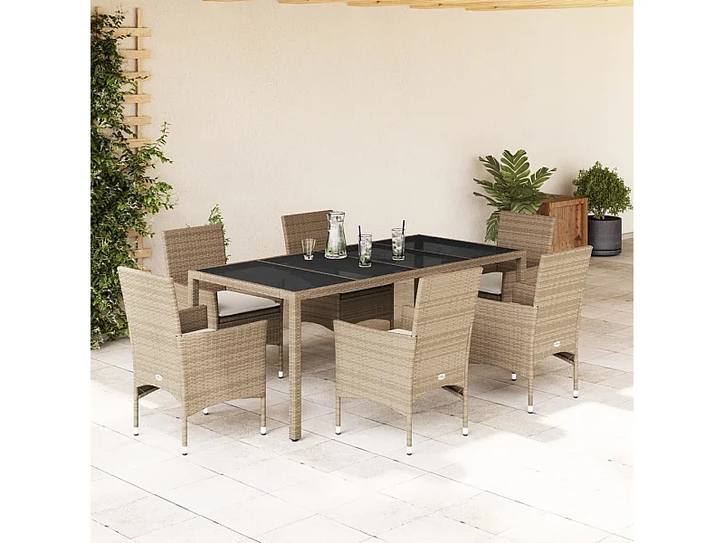 Ensemble à manger de jardin et coussins 7 pcs beige rotin verre