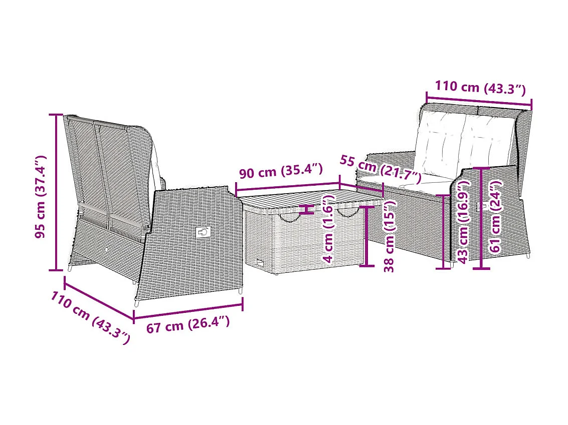 Set Divani da Giardino 3 pz con Cuscini Nero in Polyrattan
