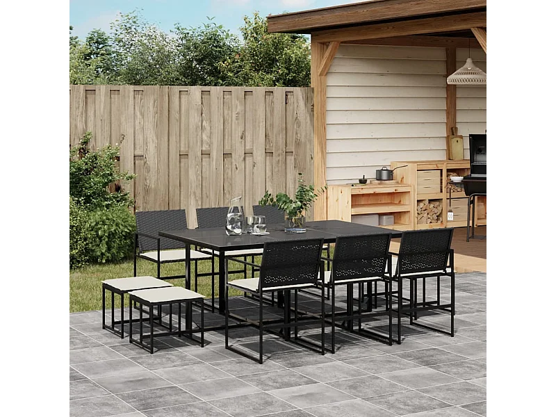 Set da Pranzo da Giardino 11 pz con Cuscini in Polyrattan Nero