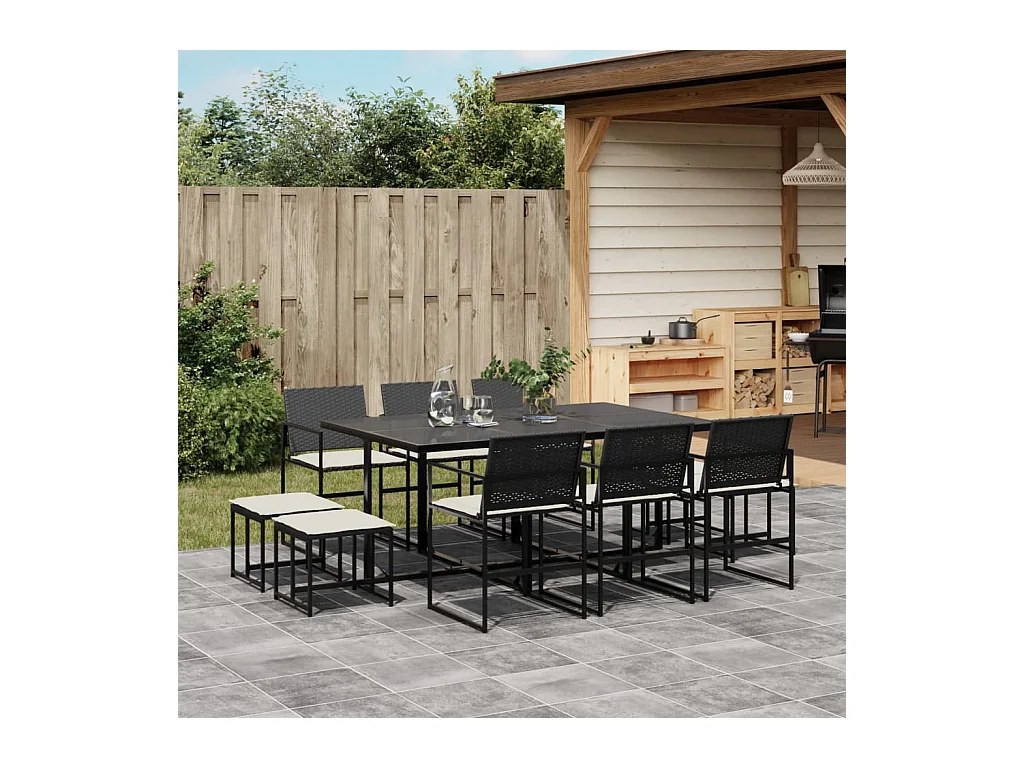 Set da Pranzo da Giardino 11 pz con Cuscini in Polyrattan Nero
