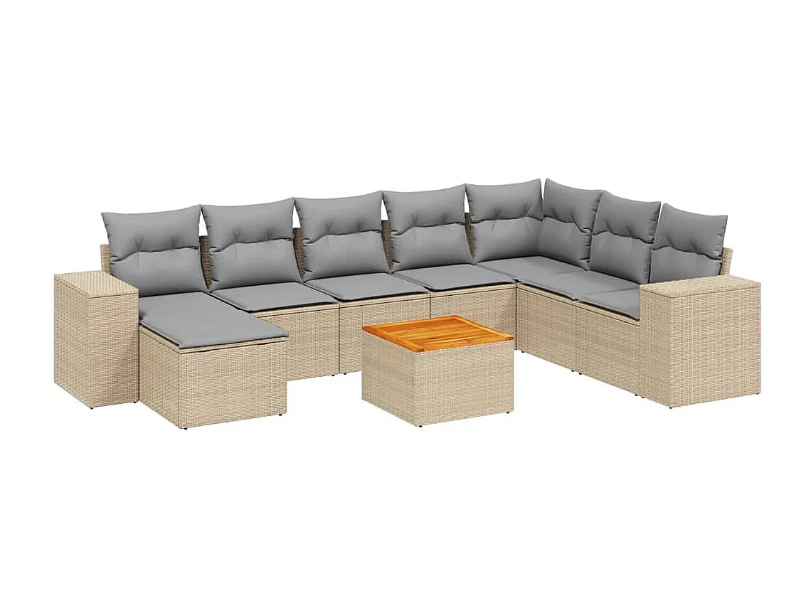 9 pcs conjunto de sofás p/ jardim com almofadões vime PE bege