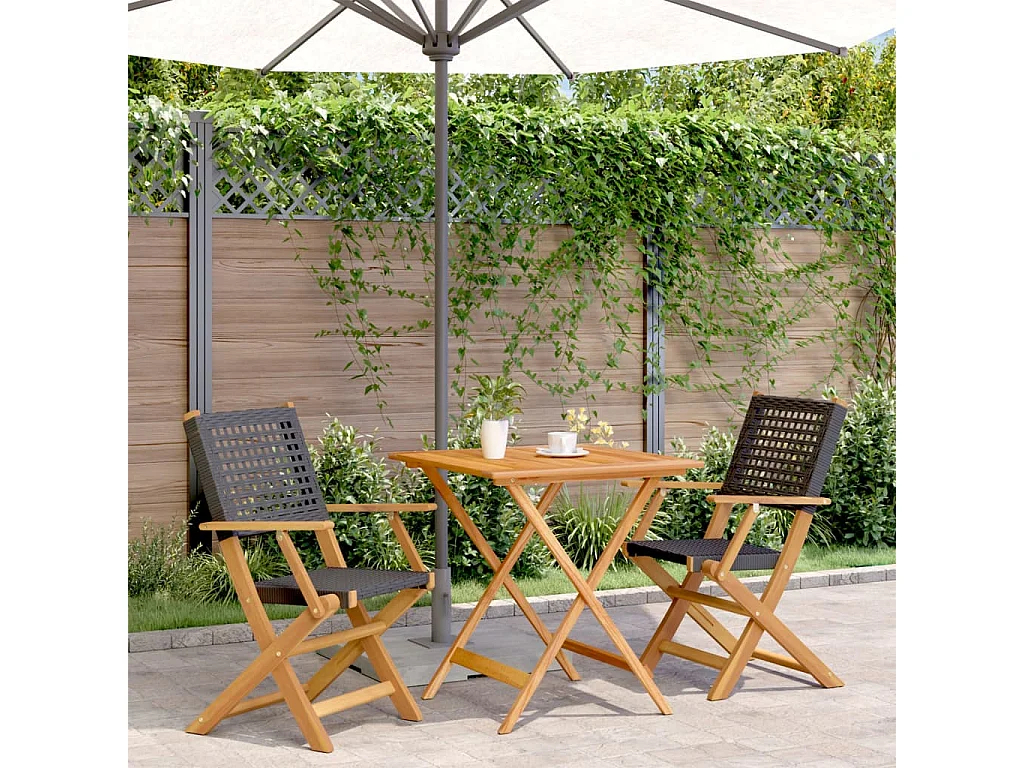 Set da Bistrot 3 pz Nero in Polyrattan e Legno Massello