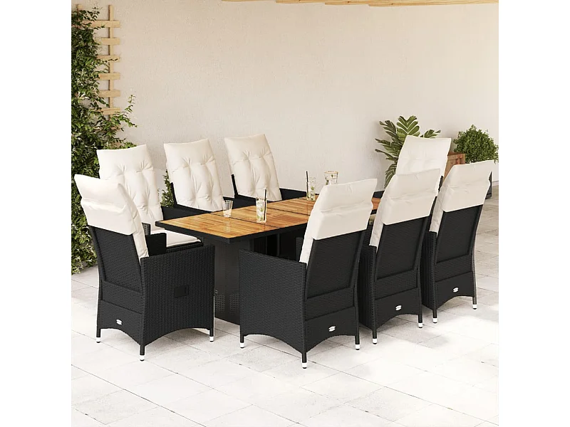 Ensemble à manger de jardin 9pcs coussins noir résine tressée