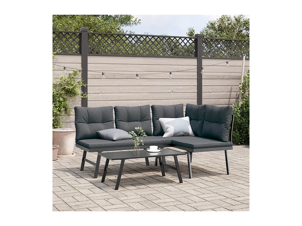Set Panche Giardino Cuscini 3pz Nere Acciaio Verniciato Polvere