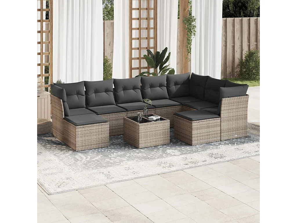 10-delige Loungeset met kussens poly rattan grijs