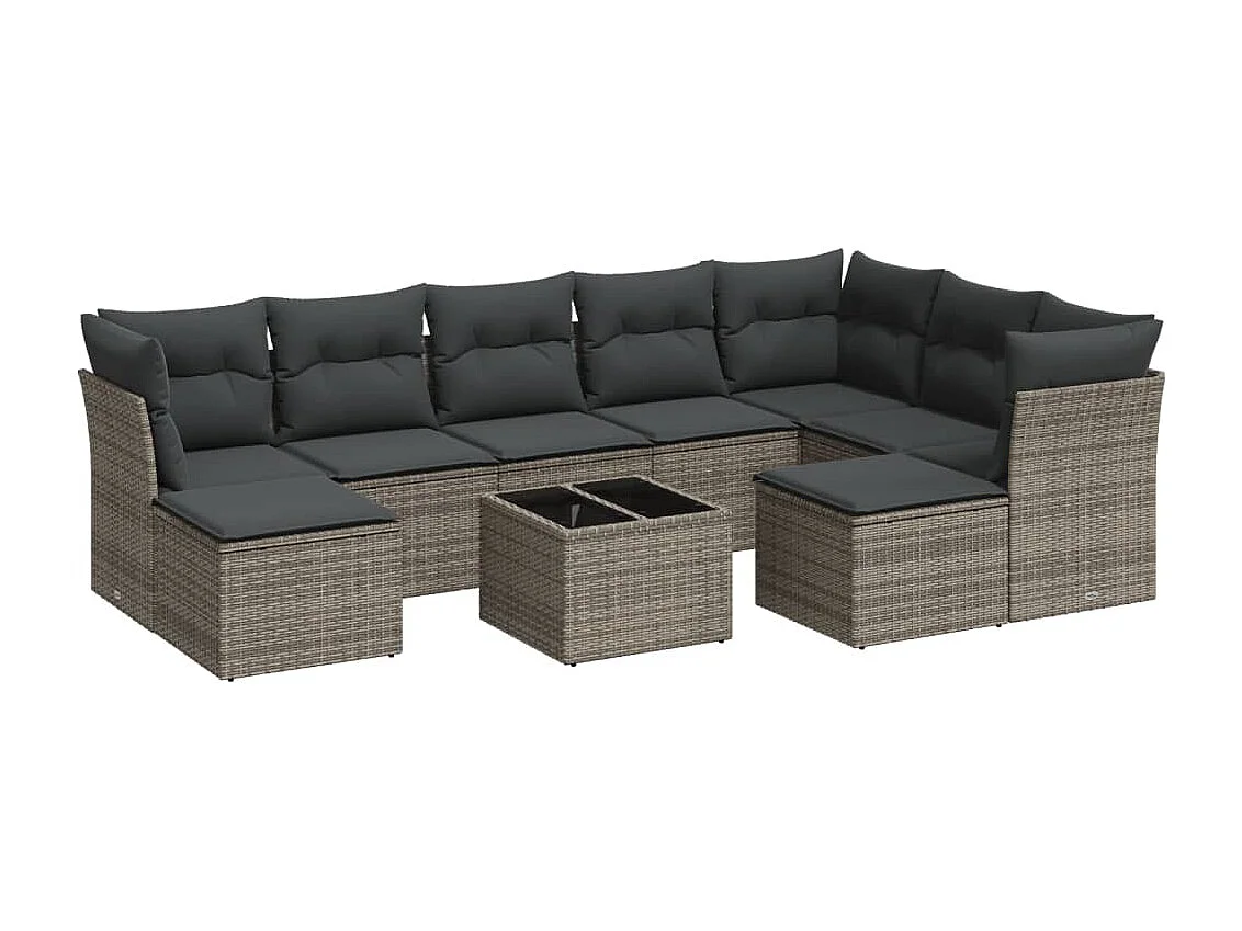 10-delige Loungeset met kussens poly rattan grijs
