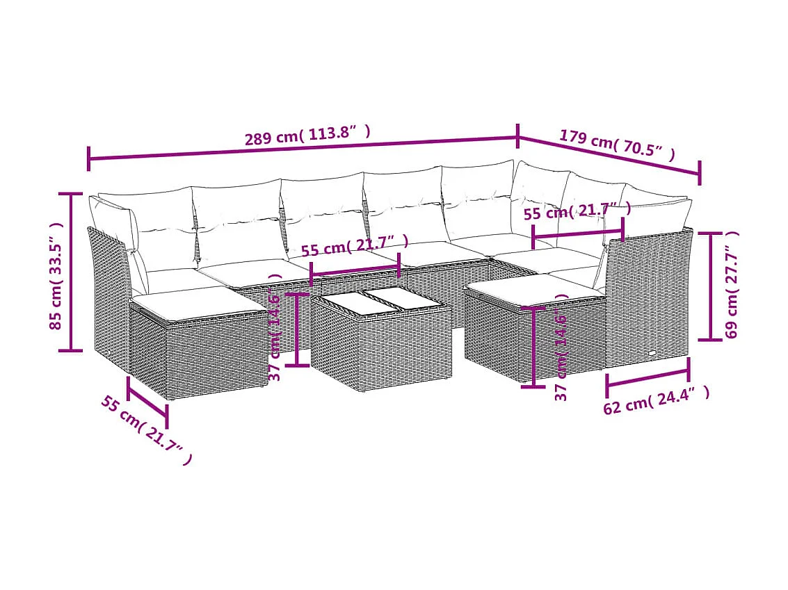 10-delige Loungeset met kussens poly rattan grijs