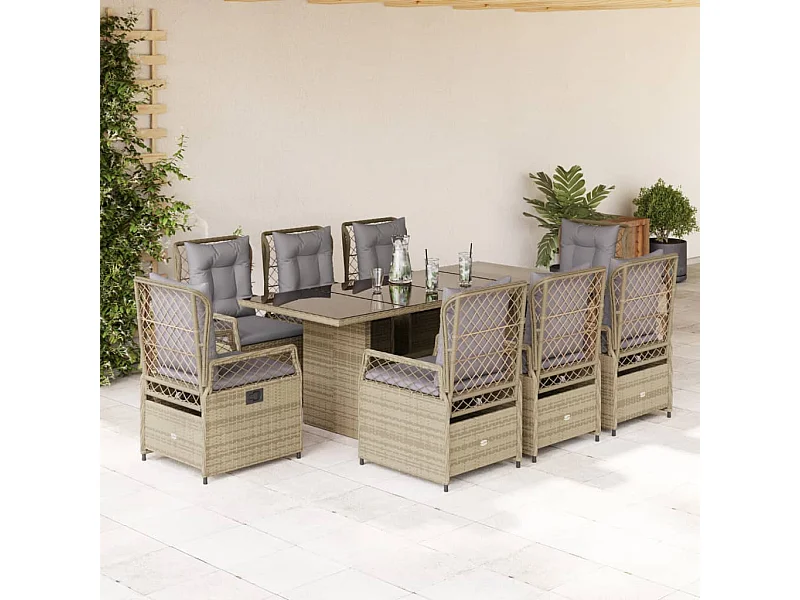 Set comedor de jardín 9 pzas con cojines ratán sintético beige