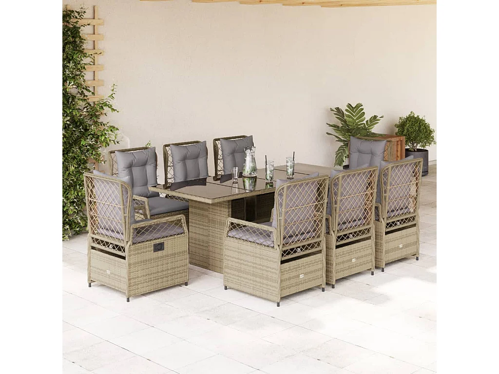 Ensemble à manger de jardin et coussins 9 pcs beige Poly rotin