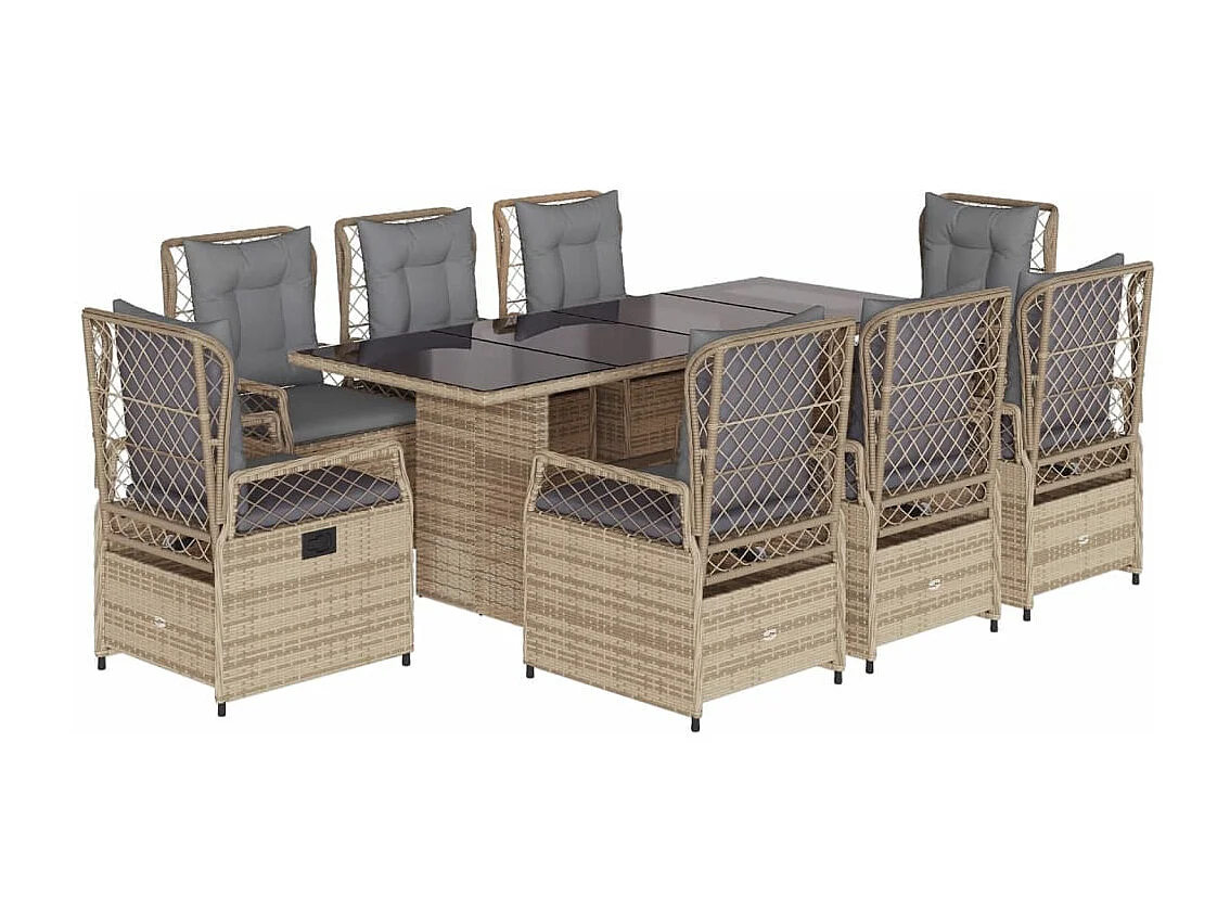 Set comedor de jardín 9 pzas con cojines ratán sintético beige