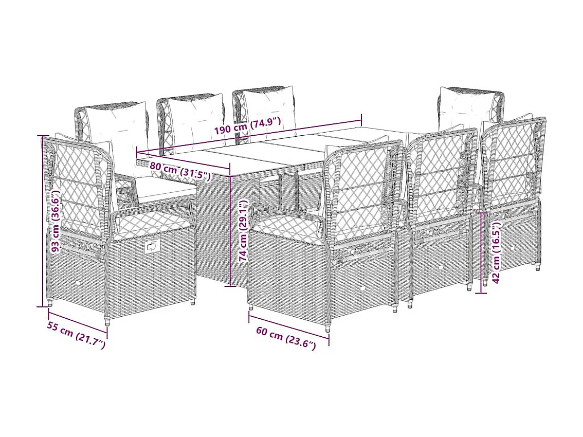 Set comedor de jardín 9 pzas con cojines ratán sintético beige