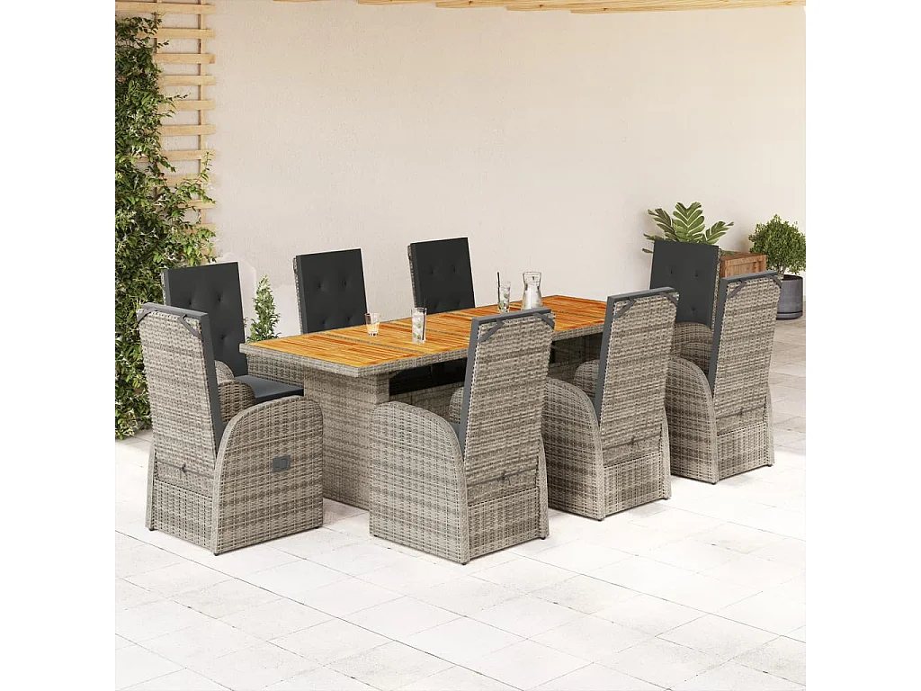 9-tlg. Garten-Essgruppe mit Kissen Grau Poly Rattan