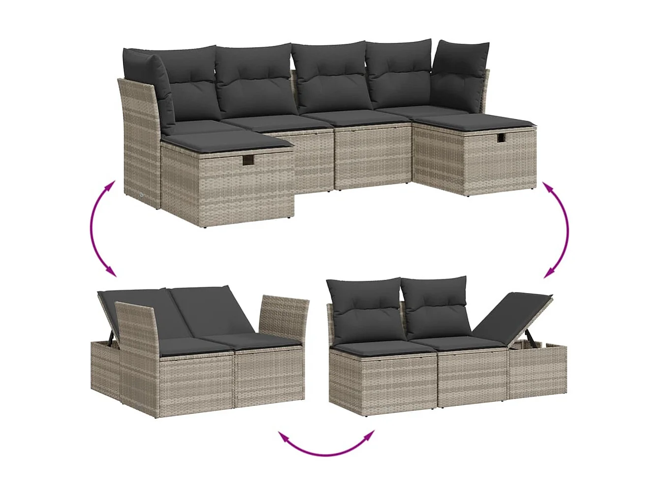 6 pcs conj. sofás jardim com almofadões vime PE cinzento-claro