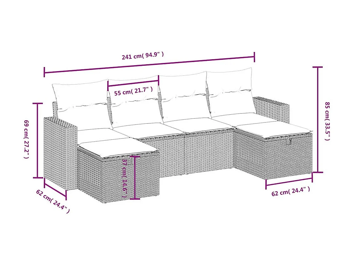 6 pcs conj. sofás jardim com almofadões vime PE cinzento-claro
