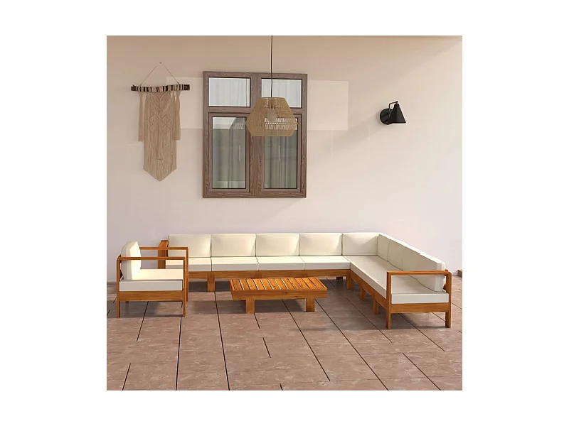 Salon de jardin 10 pcs avec coussins blanc crème Bois d'acacia