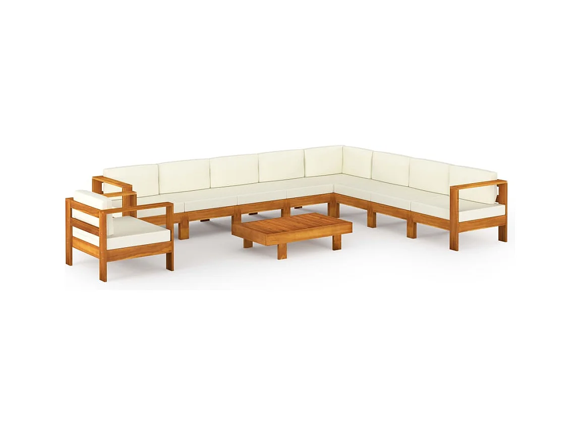 Set Divani Giardino 10 pz Cuscini Bianco Crema Legno d'Acacia