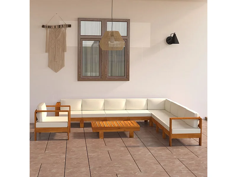 Salon de jardin 10 pcs avec coussins blanc crème Bois d'acacia