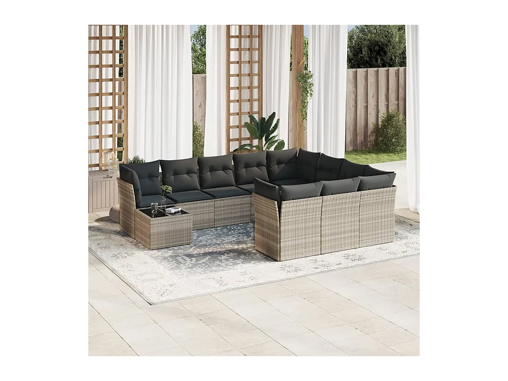 Salon de jardin 11 pcs avec coussins gris clair résine tressée