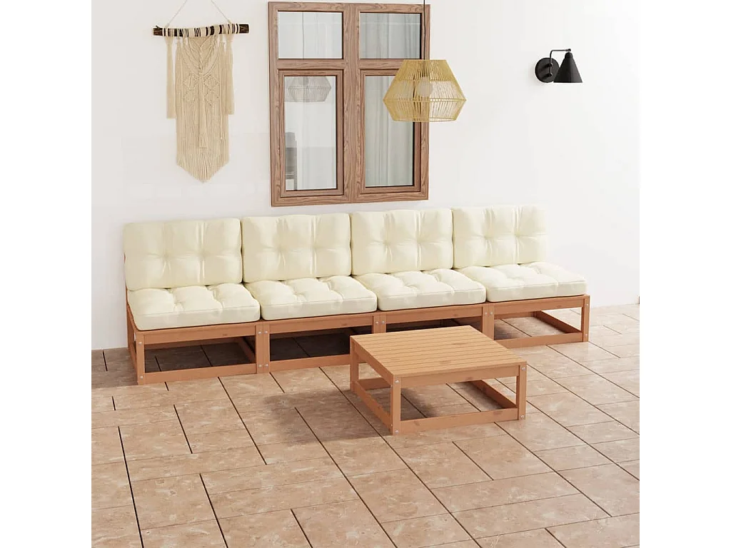 Set Divani da Giardino 5 pz con Cuscini Legno Massello di Pino