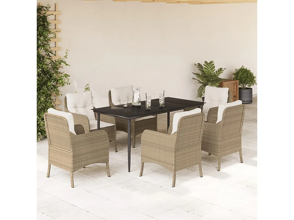 Ensemble à manger de jardin et coussins 7 pcs beige poly rotin