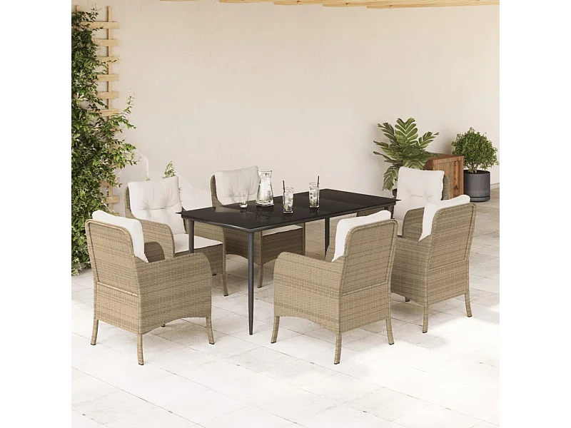 Set comedor de jardín 7 pzas con cojines ratán sintético beige