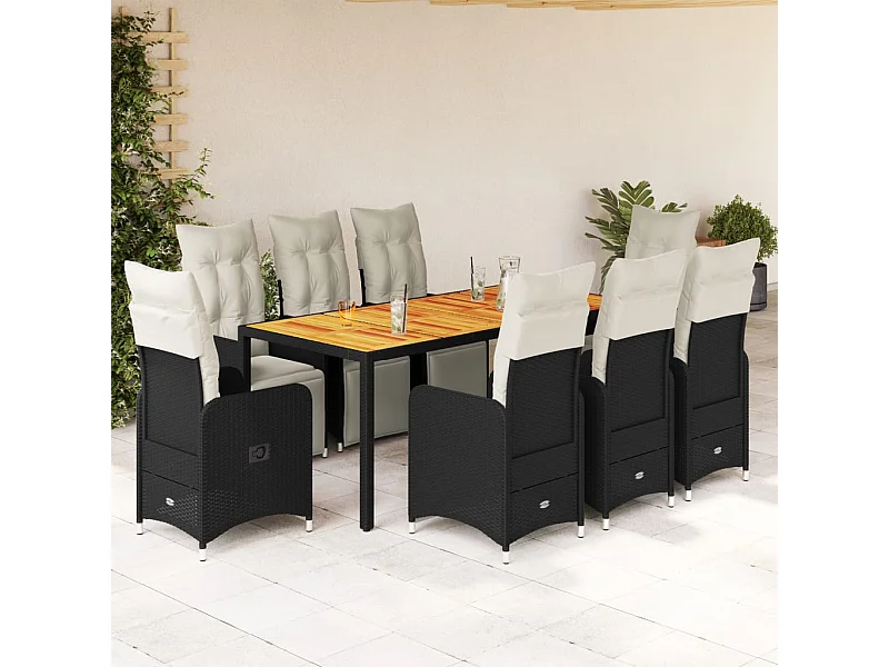 Ensemble de bistro de jardin 9 pcs coussins noir poly rotin