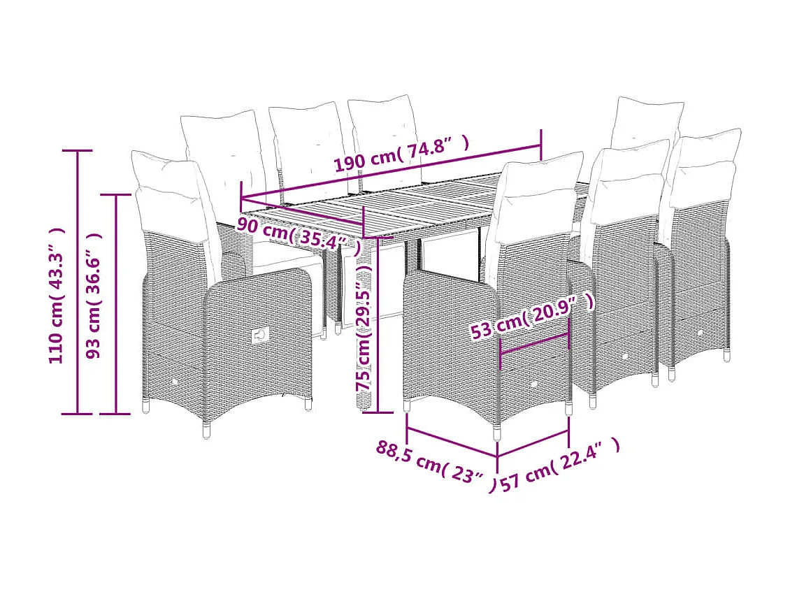 Ensemble de bistro de jardin 9 pcs coussins noir poly rotin