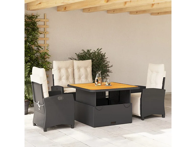 Set da Pranzo da Giardino 4 pz con Cuscini Nero in Polyrattan