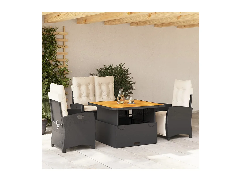 Set da Pranzo da Giardino 4 pz con Cuscini Nero in Polyrattan