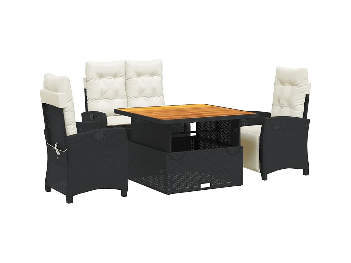 4-tlg. Garten-Essgruppe mit Kissen Schwarz Poly Rattan