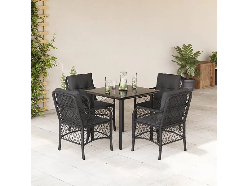 5-tlg. Garten-Essgruppe mit Kissen Schwarz Poly Rattan