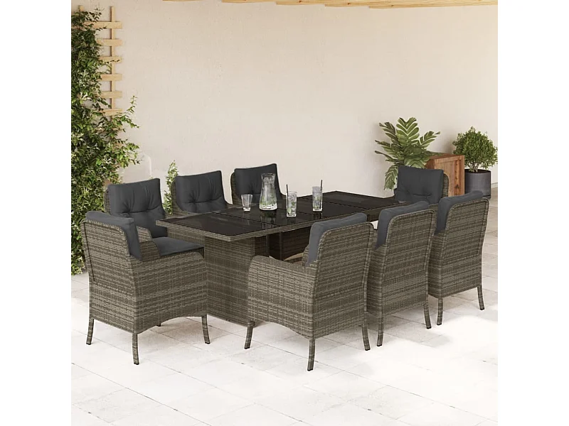 Ensemble à manger de jardin 9 pcs coussins gris résine tressée