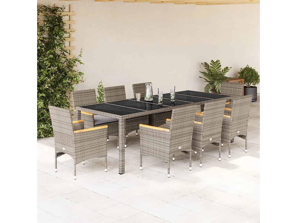 9-tlg. Garten-Essgruppe mit Kissen Grau Poly Rattan und Glas