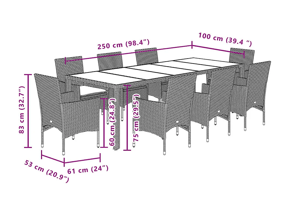 9-tlg. Garten-Essgruppe mit Kissen Grau Poly Rattan und Glas