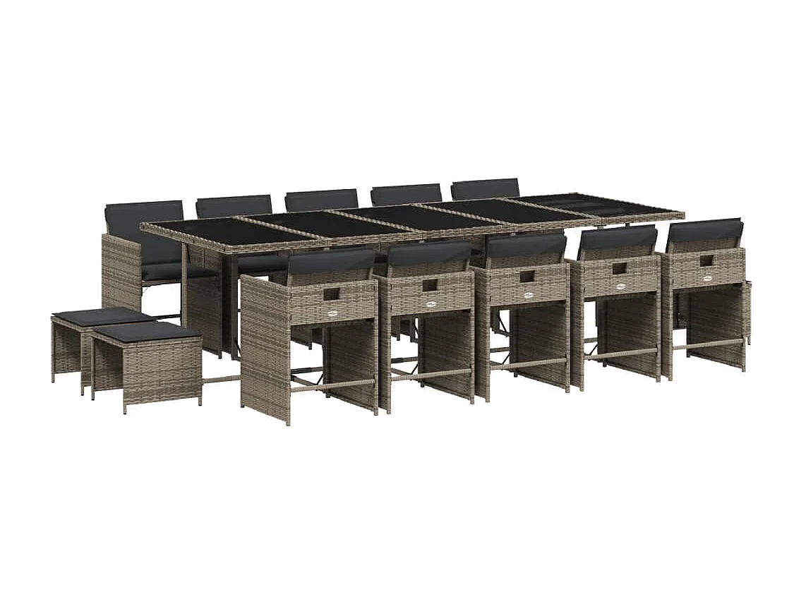 Set da Pranzo da Giardino 15 pz con Cuscini Grigio Polyrattan