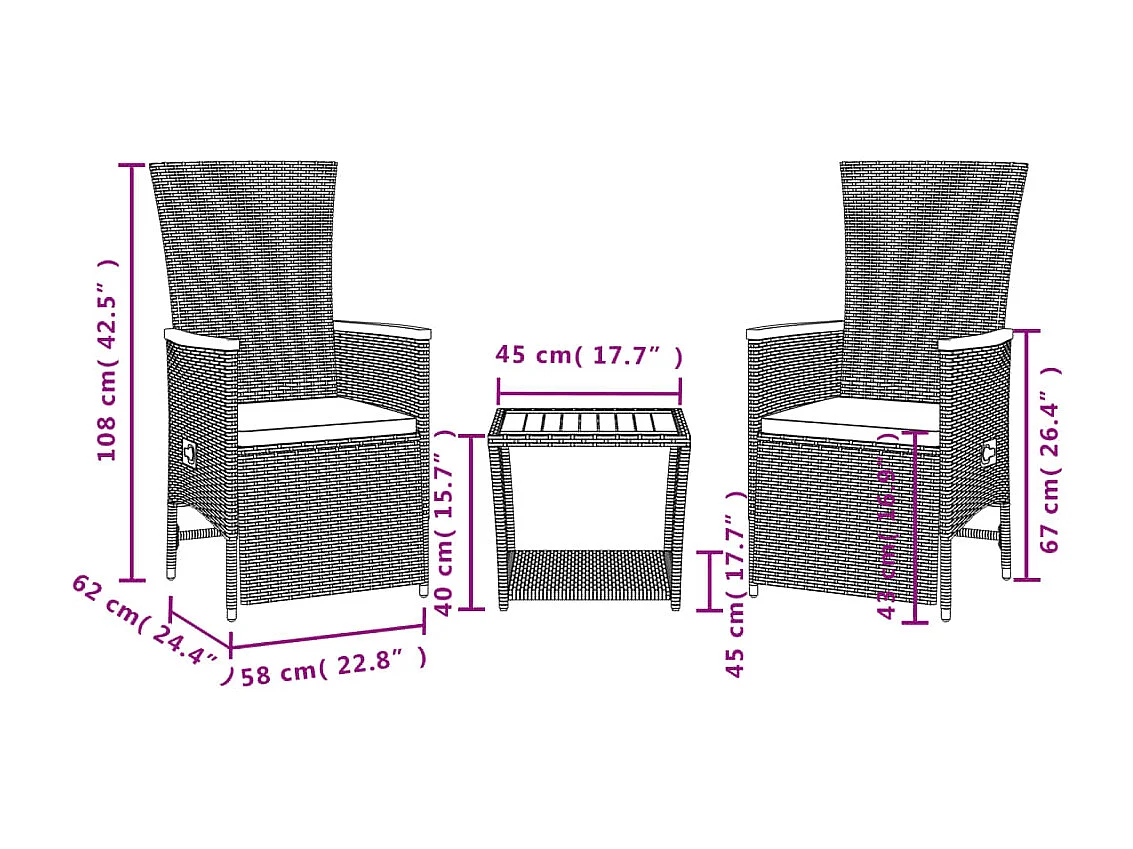 3-tlg. Garten-Essgruppe mit Kissen Schwarz Poly Rattan