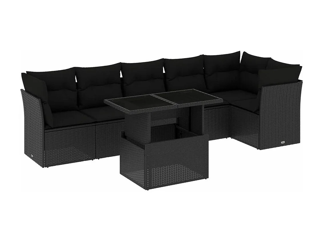 7 pcs conjunto de sofás p/ jardim c/ almofadões vime PE preto