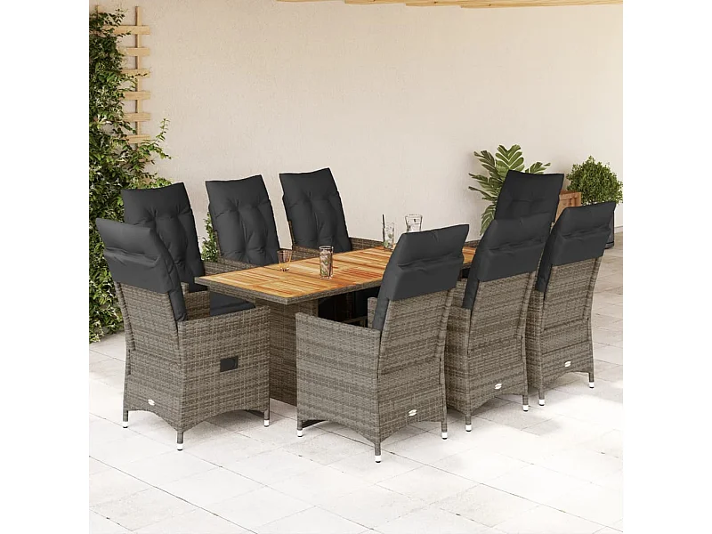 Set Bistrò da Giardino 9 pz con Cuscini in Polyrattan Grigio