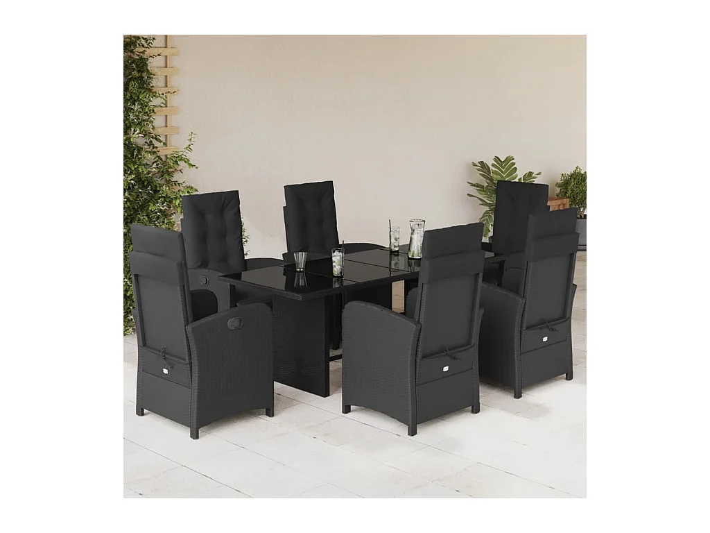 Set da Pranzo da Giardino 7 pz Nero con Cuscini in Polyrattan