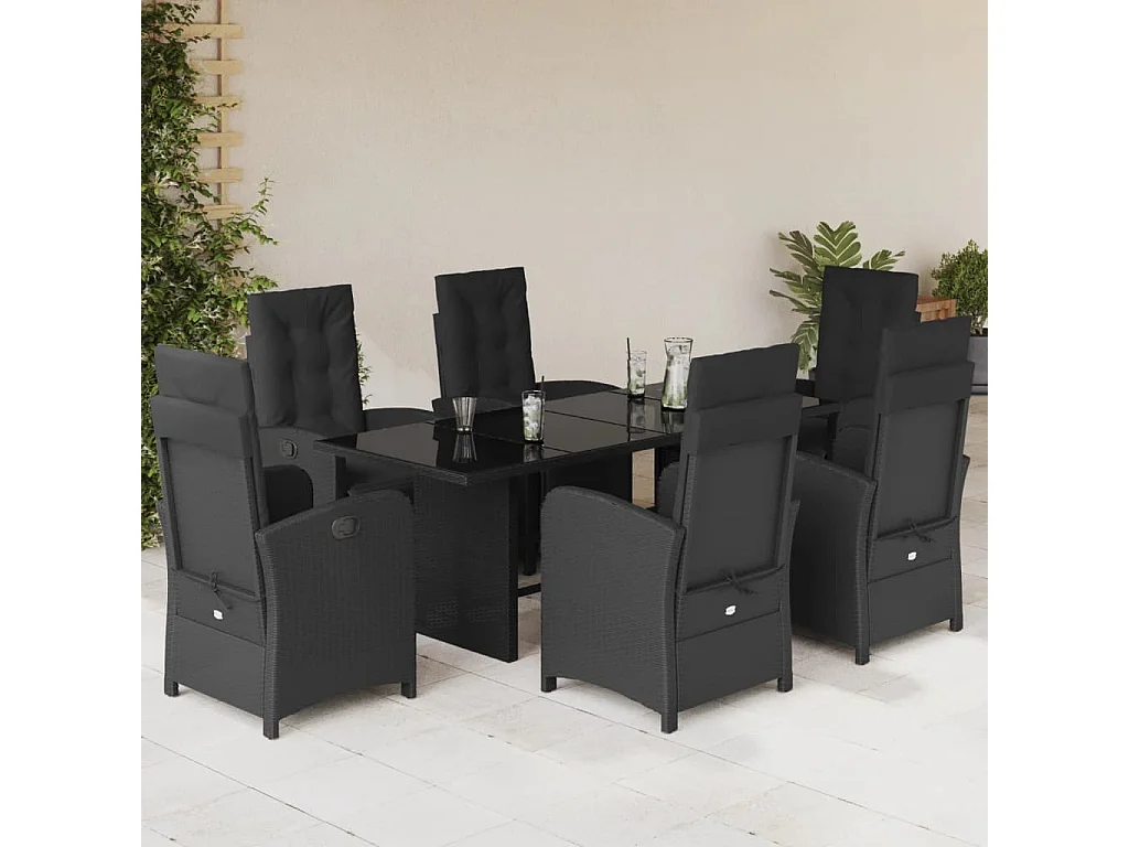 Set da Pranzo da Giardino 7 pz Nero con Cuscini in Polyrattan