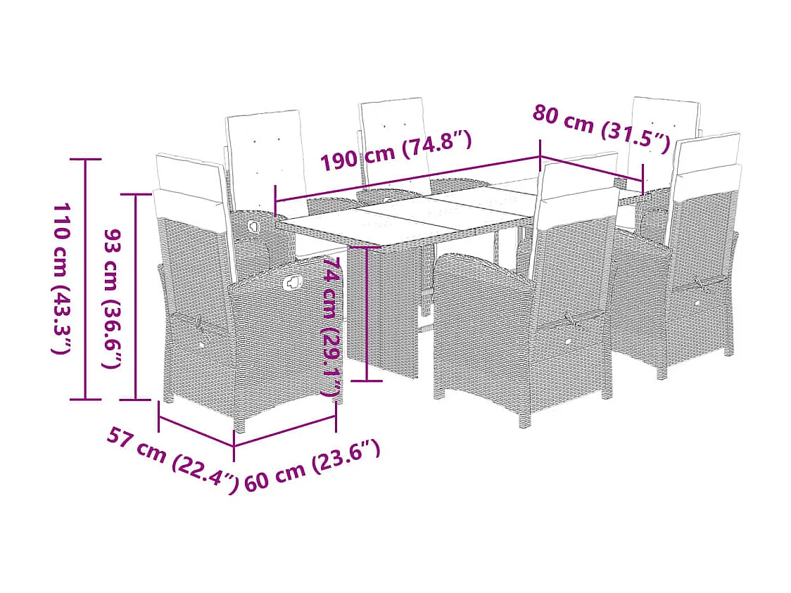 Set da Pranzo da Giardino 7 pz Nero con Cuscini in Polyrattan