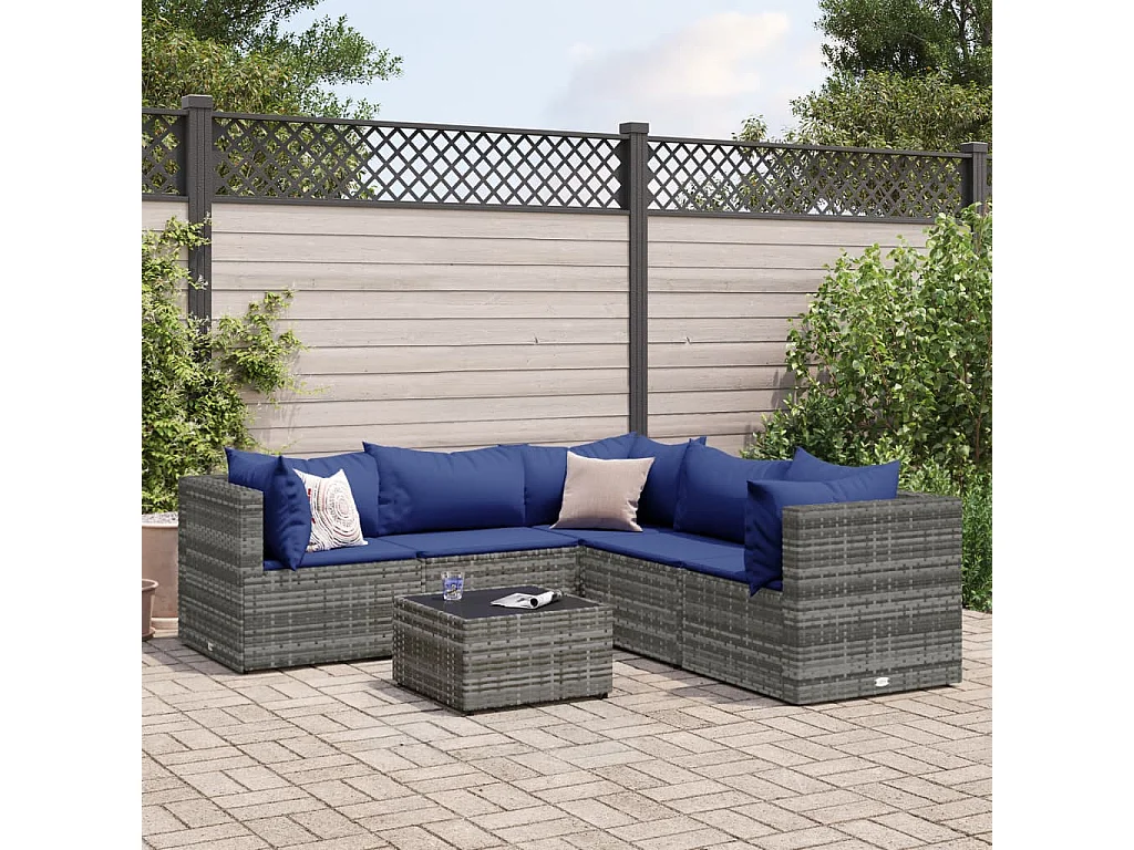 6-delige Loungeset met kussens poly rattan grijs