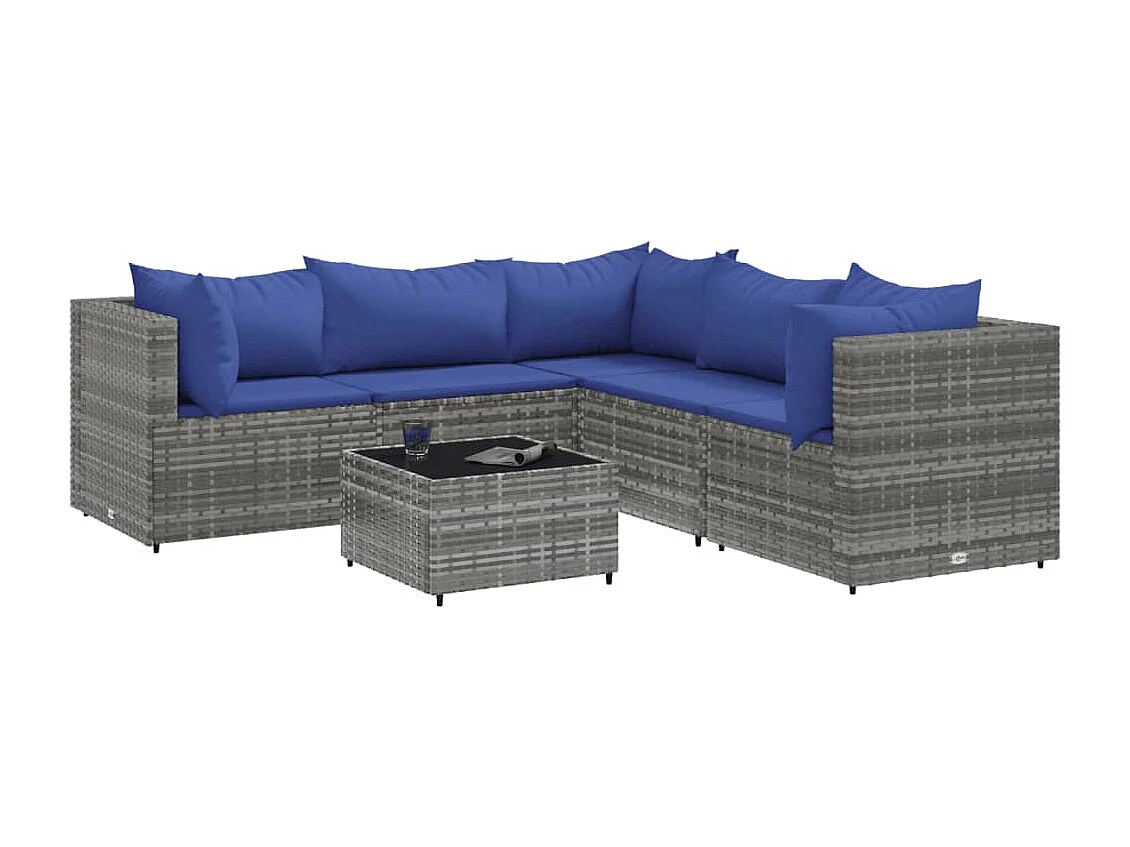 6-delige Loungeset met kussens poly rattan grijs