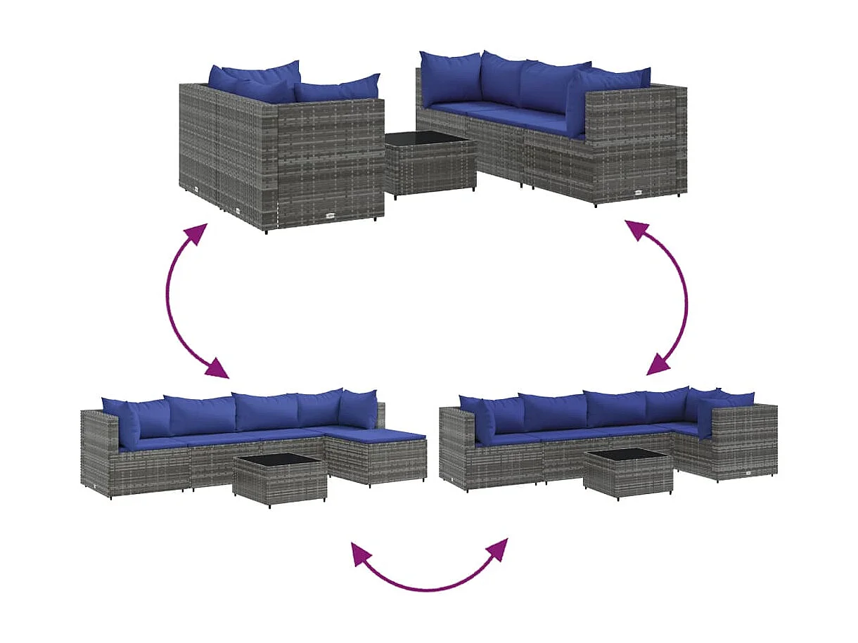 6-delige Loungeset met kussens poly rattan grijs