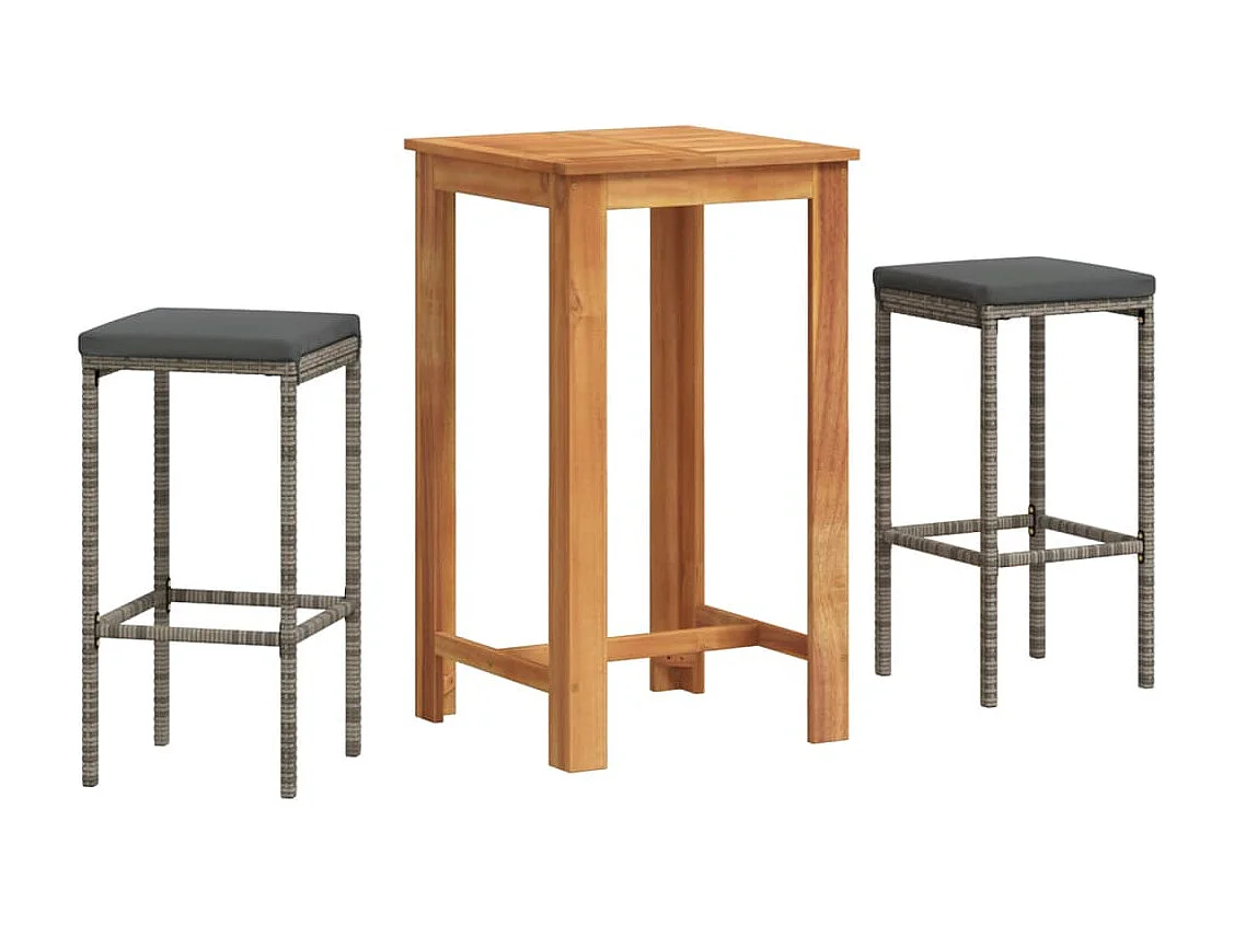 Set Bar da Giardino 3 pz Grigio in Legno Acacia e Polyrattan