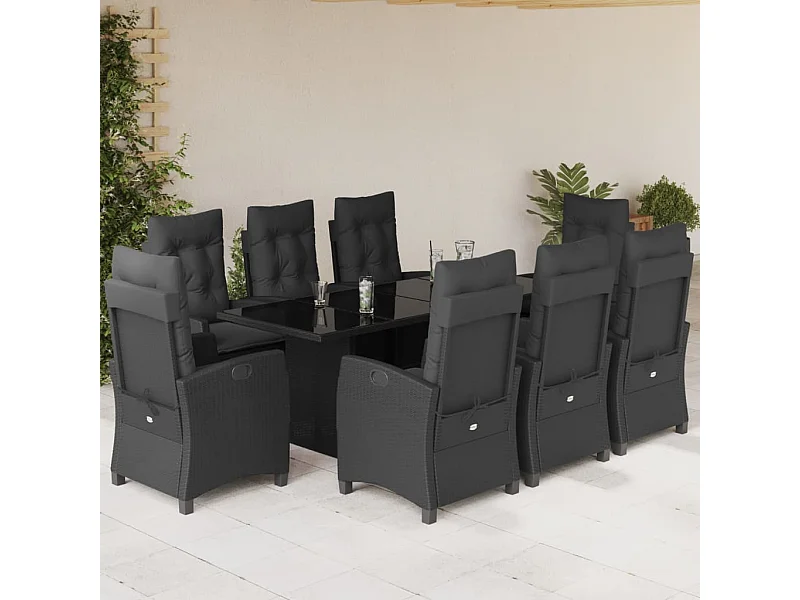 Set de comedor de jardín 9 pzas y cojines ratán sintético negro