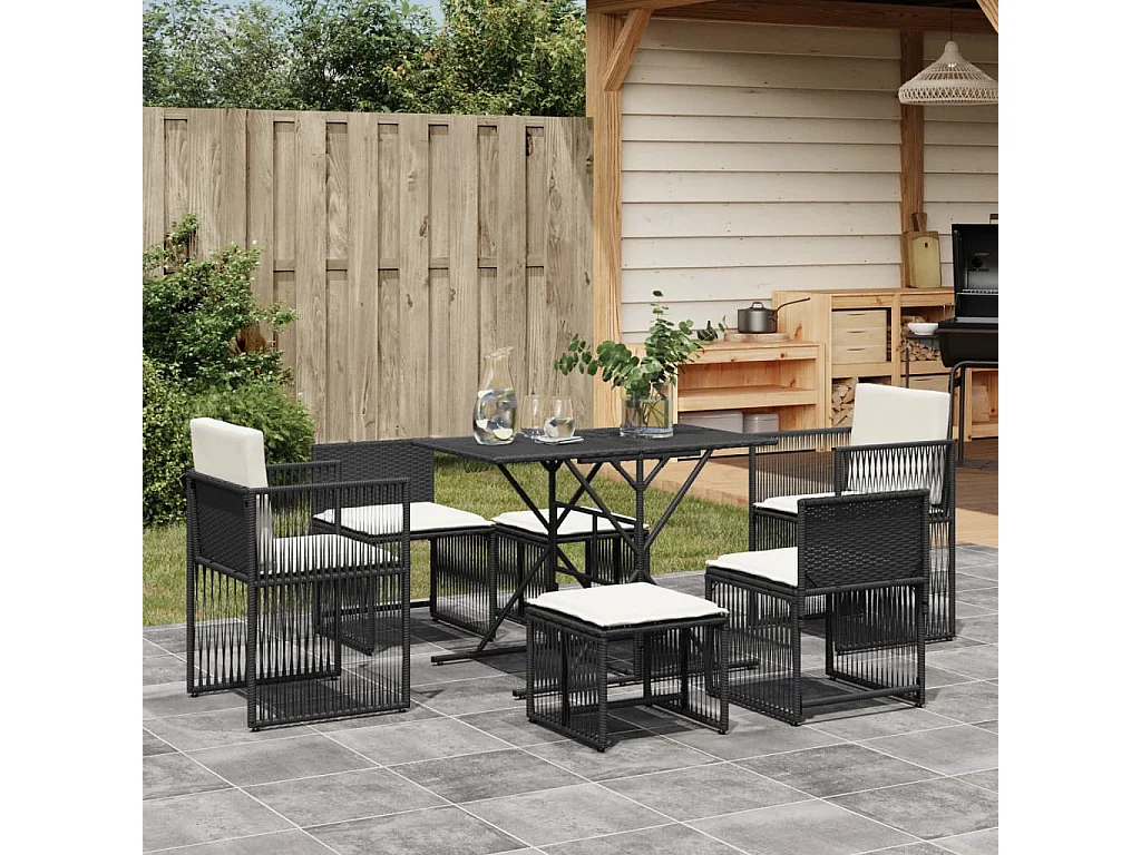 Set de comedor de jardín 7 pzas y cojines ratán sintético negro