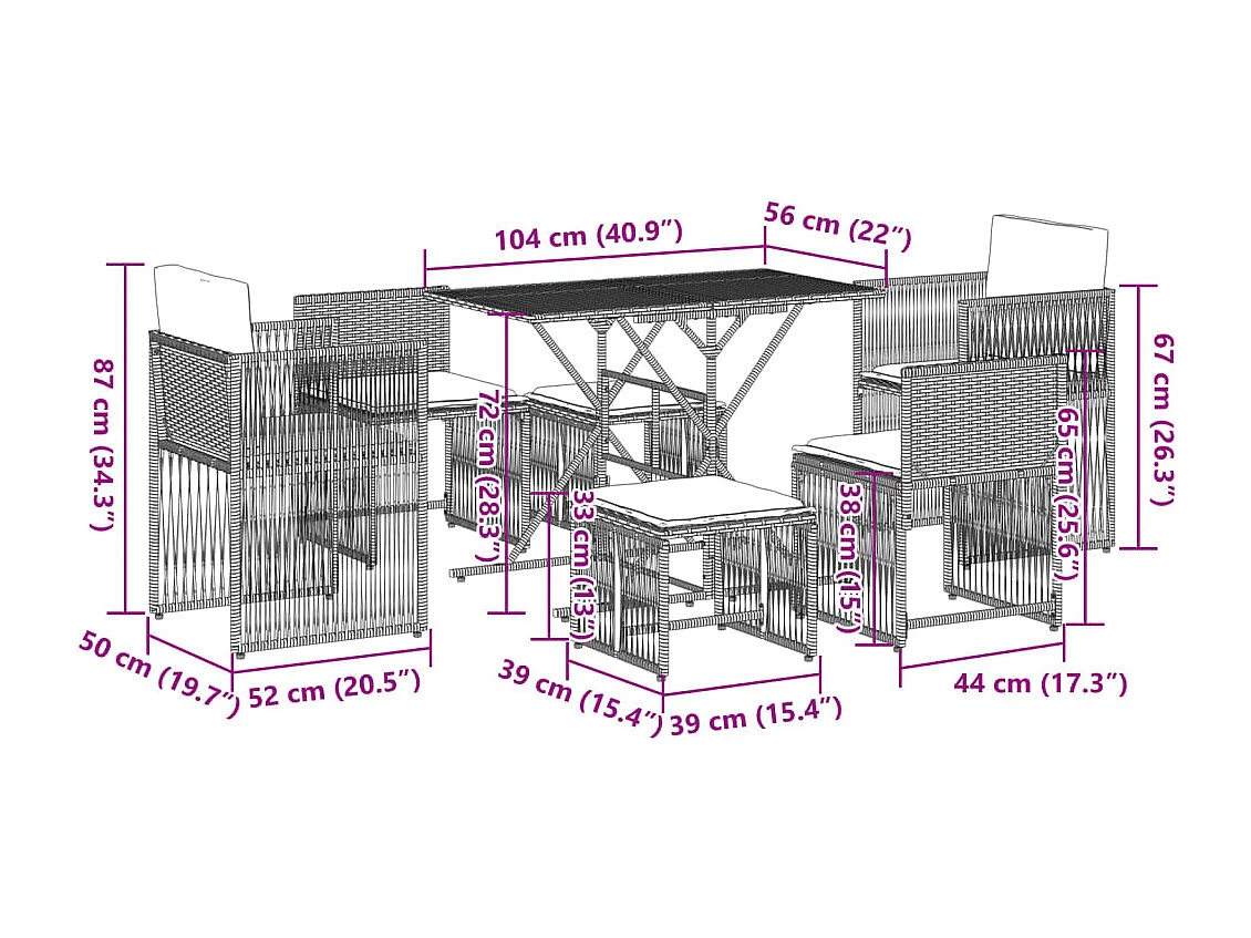 Set de comedor de jardín 7 pzas y cojines ratán sintético negro